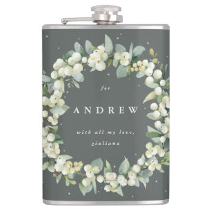 Snowberry & Eucalyptus Wreath Personalized Wedding Hip Flask