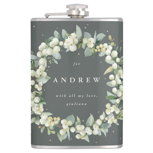 Snowberry & Eucalyptus Wreath Personalized Wedding Hip Flask (Front)