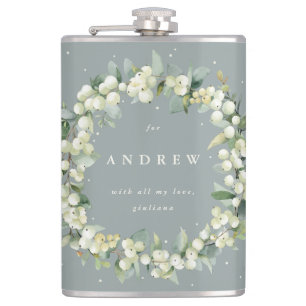 Snowberry & Eucalyptus Wreath Personalized Wedding Hip Flask
