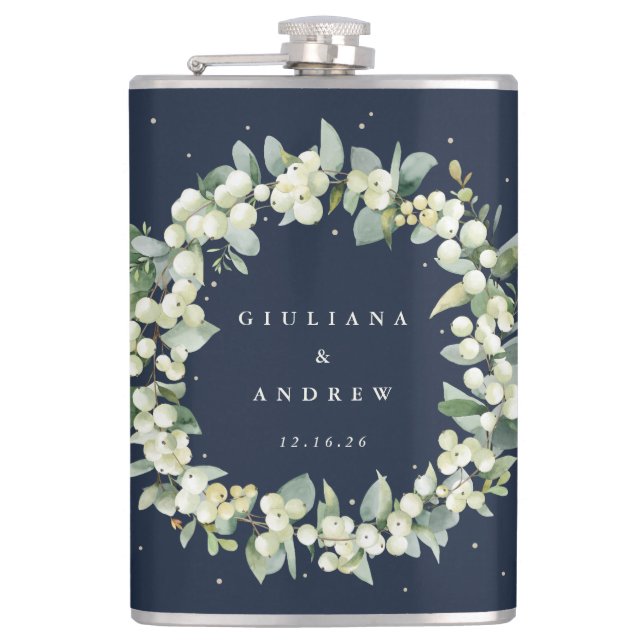 Snowberry & Eucalyptus Wreath Personalized Wedding Hip Flask (Front)