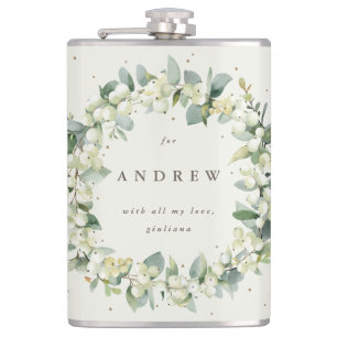 Snowberry & Eucalyptus Wreath Personalized Wedding Hip Flask