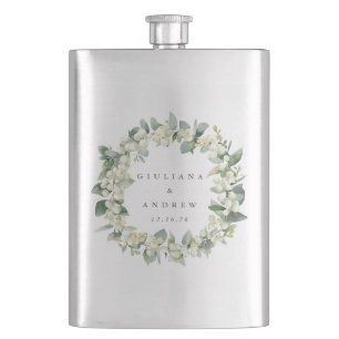 Snowberry & Eucalyptus Wreath Personalized Wedding Hip Flask