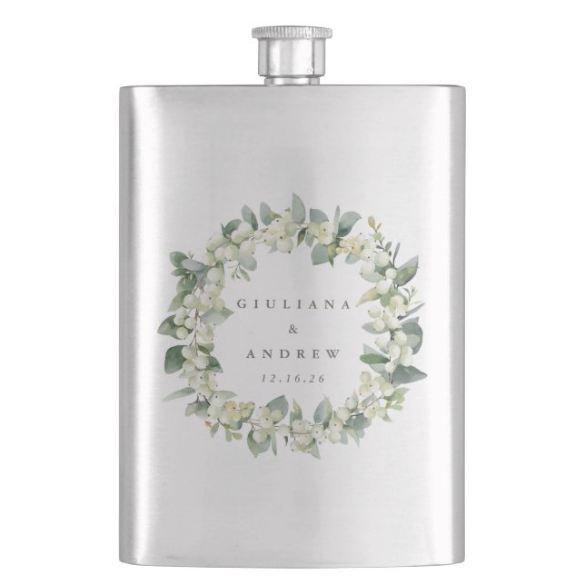 Snowberry & Eucalyptus Wreath Personalized Wedding Hip Flask (Front)