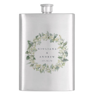 Snowberry & Eucalyptus Wreath Personalized Wedding Hip Flask