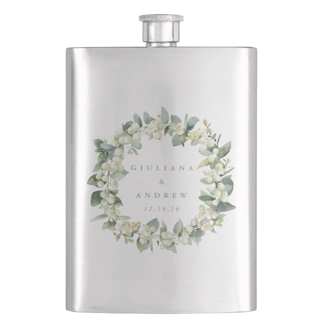 Snowberry & Eucalyptus Wreath Personalized Wedding Hip Flask (Front)