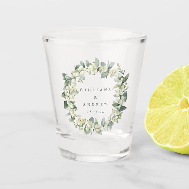Snowberry & Eucalyptus Wreath Personalized Wedding Shot Glass (Front)