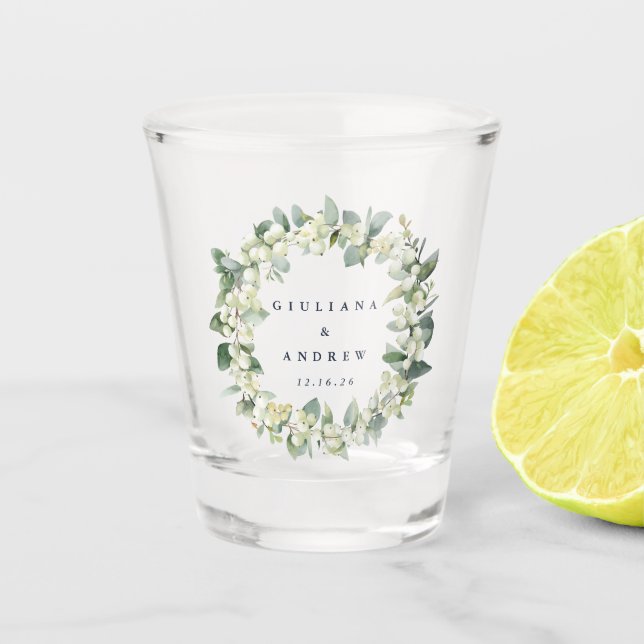 Snowberry & Eucalyptus Wreath Personalized Wedding Shot Glass (Front)