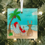 Snowbird Christmas, Santa and Reindeer on Beach   Glass Ornament<br><div class="desc">Wishing you a Merry Christmas from the beach! Funny snowbird holiday ornament with hand drawn Santa Claus and reindeer sitting on the beach drinking a Pina colada.</div>