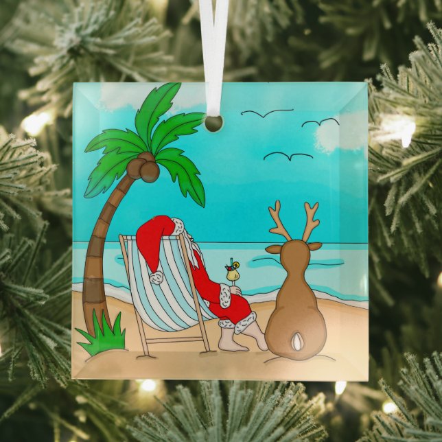 Snowbird Christmas, Santa and Reindeer on Beach   Glass Ornament (Insitu)