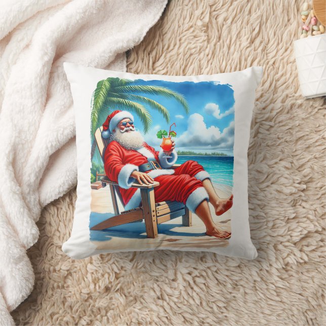 Snowbird Santa Enjoying a Cocktail on the Beach  Throw Pillow (Blanket)