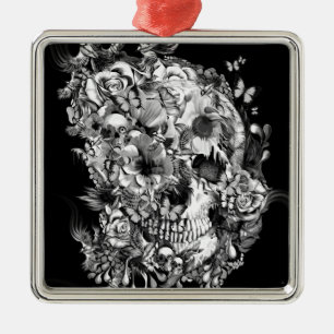 Snowbirds, skull made of birds and flowers metal ornament