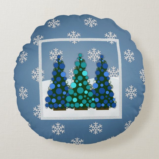 SnowBlue Christmas Tree Round Coussin (Devant)