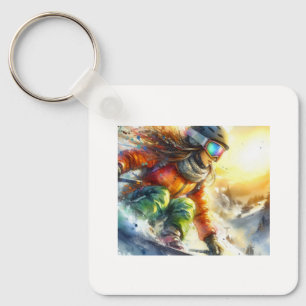Snowboard Adventure at Sunset,  Keychain
