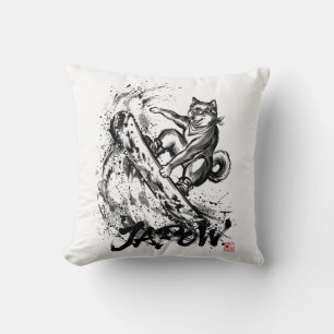 Snowboard Brush Art - Snowboarder Dog Shiba Inu Throw Pillow