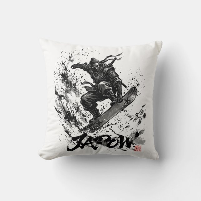 Snowboard Brush Art - Snowboarder Ninja Throw Pillow (Front)