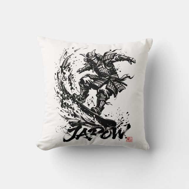 Snowboard Brush Art - Snowboarder Samurai Throw Pillow (Front)