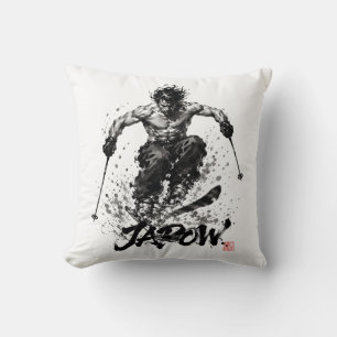 Snowboard Brush Art - Standing Samurai Musashi Ski Throw Pillow