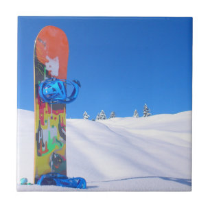 Snowboard in Fresh Snow, Blue Sky Tile