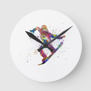 Snowboard in watercolor round clock