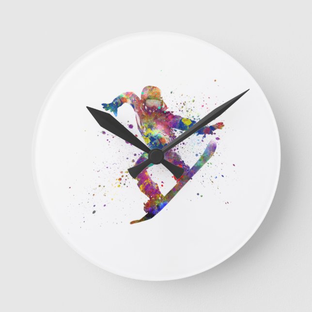 Snowboard in watercolor round clock (Front)
