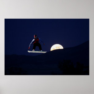 Snowboard Over the Full Moon Poster