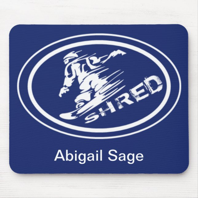 Snowboard "SHRED" Oval Silhouette Snowboarder Tag Mouse Pad (Front)