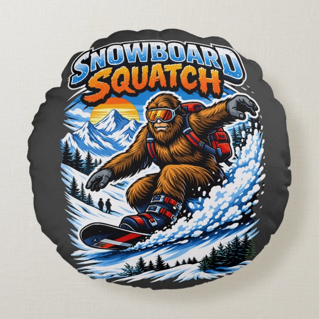 Snowboard Squatch – Funny Bigfoot Snowboarding  Round Pillow (Front)
