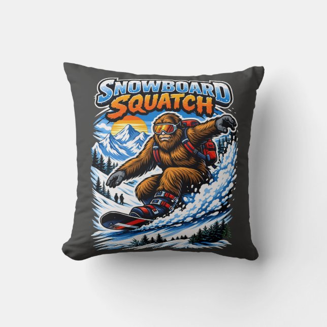 Snowboard Squatch – Funny Bigfoot Snowboarding  Throw Pillow (Front)