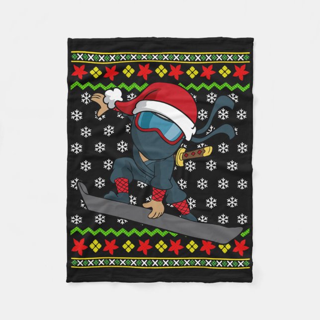 Snowboard Ugly Christmas Sweater Pattern Ninja Sno Fleece Blanket (Front)