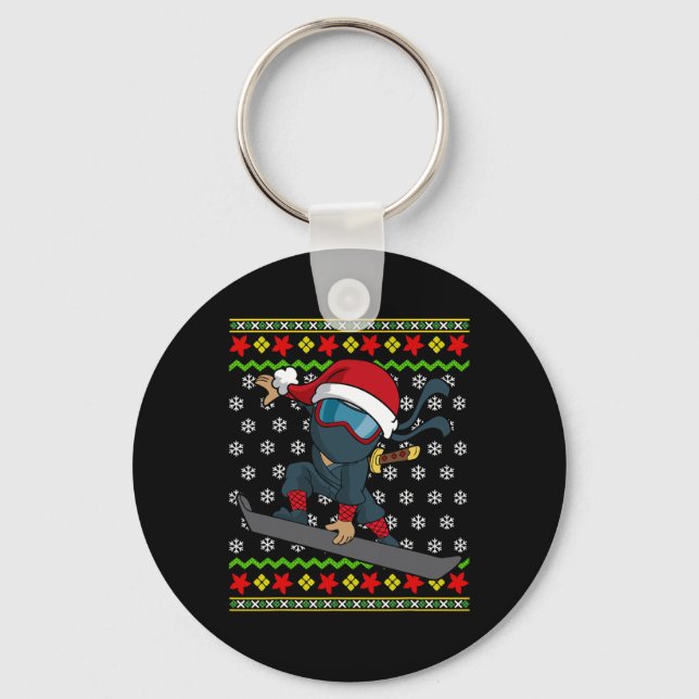 Snowboard Ugly Christmas Sweater Pattern Ninja Sno Keychain (Front)