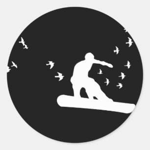 snowboard with birds. classic round sticker
