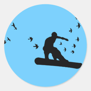 snowboard with birds. classic round sticker