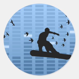 snowboard with birds. classic round sticker