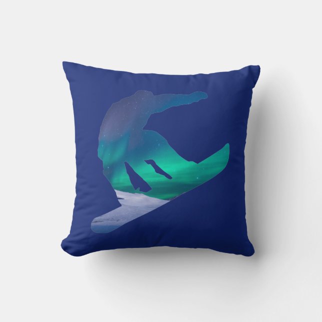 Snowboarder Aurora Northern Lights Throw Pillow (Front)
