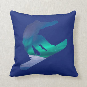 Snowboarder Aurora Northern Lights Throw Pillow