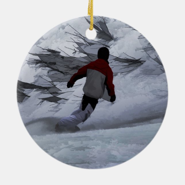 Snowboarder "Carving the Mountain" Winter Sports Ceramic Ornament (Back)