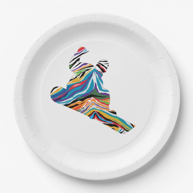 Snowboarder in Psychedelic Zebra print Paper Plate (Front)