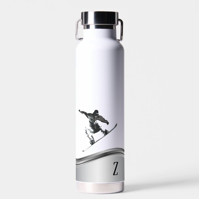 Snowboarder Monogram Silver Snowboard  Water Bottle (Front)