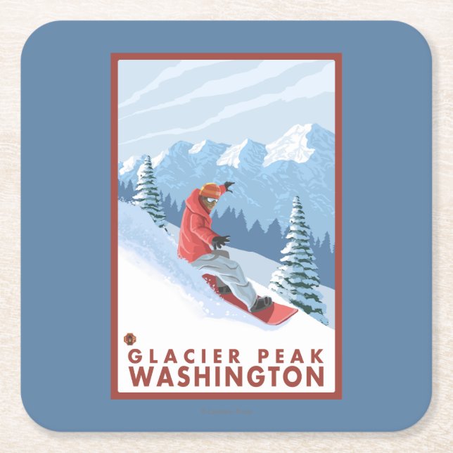 Snowboarder Scene - Glacier Peak, Washington Square Paper Coaster (Front)