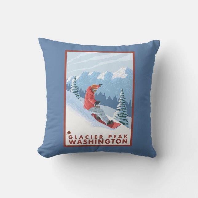 Snowboarder Scene - Glacier Peak, Washington Throw Pillow (Front)