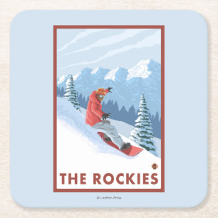 Snowboarder Scene - The Rockies Square Paper Coaster