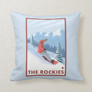 Snowboarder Scene - The Rockies Throw Pillow