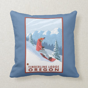 Snowboarder Scene - Timberline Lodge, Oregon Throw Pillow