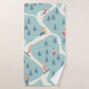 Snowboarders and skiers ride in the ski resort. Pe Bath Towel