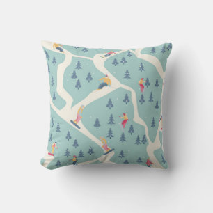 Snowboarders and skiers ride in the ski resort. Pe Throw Pillow