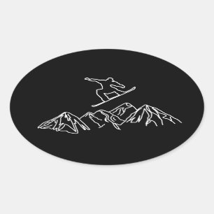 Snowboarders in the mountains oval sticker