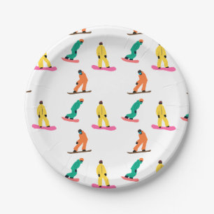 Snowboarders Winter Illustration Snowboard Pattern Paper Plate