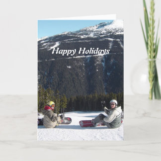 Snowboarders with a Scenic Mountain View Holiday Card