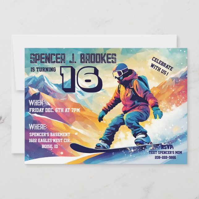 Snowboarding 16th Birthday Invitation (Front)