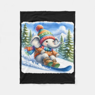 Snowboarding Elephant On Snowy Hill With Pines. Co Fleece Blanket